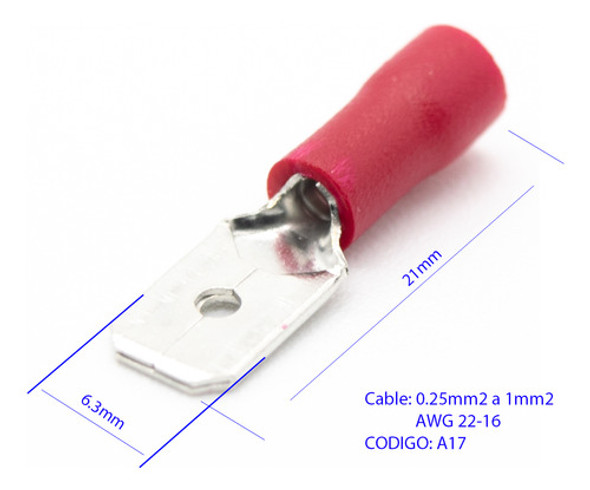 5 Terminales Preaislado Pala Macho 6.3 Rojo A17 .25-1mm2 1