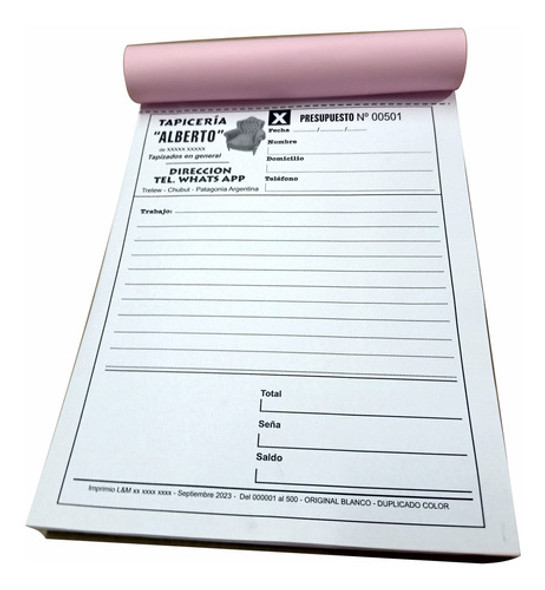 2 Talonarios Presupuesto 17x22 Cm - Por Duplicado Numerados 0