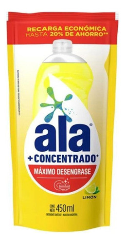 Detergente Líquido Ala Concentrado Limón 450 Ml Doypack X15u 0