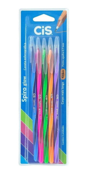 Caneta Esferográfica Cis Spiro Glow Com 5 Unidades 0.7mm 0