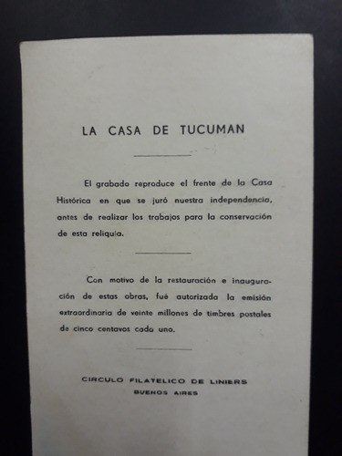 Filatelia Argent. - Tarjeta Día Emisión 1945 Casa De Tucumán 1