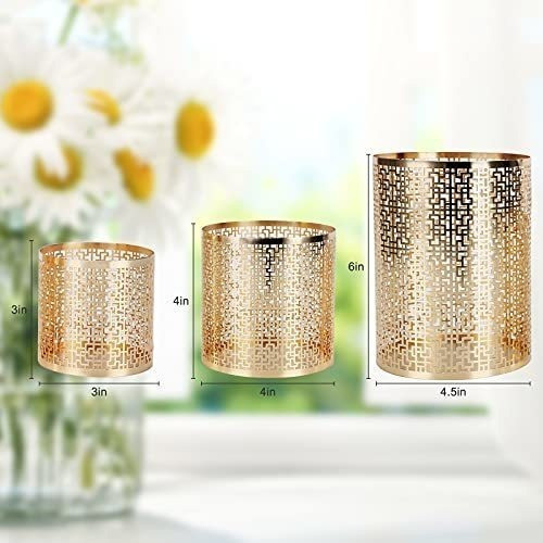 3 Portavelas Komoyotoo De Metal Champagne Engravado Cuadrado 1