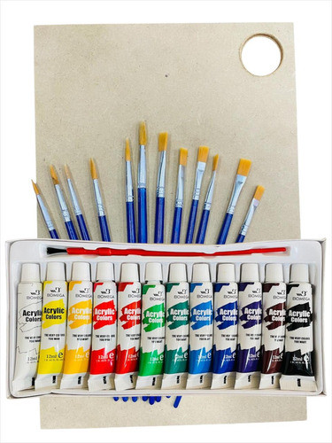 Kit De Arte Niños Paleta 12 Pinceles Y 12 Acrilicos Oleo 0