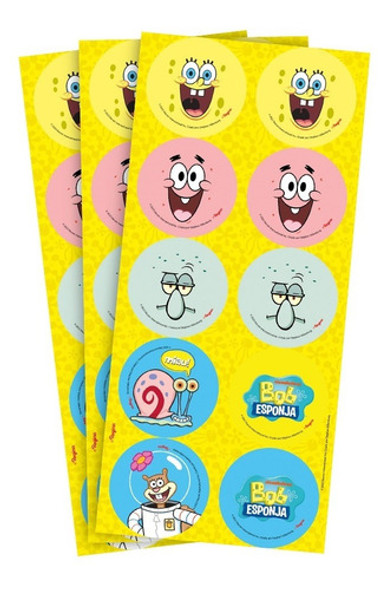 30 Adesivos Bob Esponja E Turma - 3 Cartelas Com 10 Adesivos 0