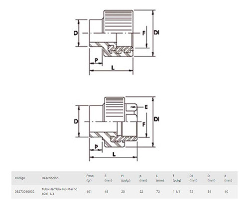 Tubo Hembra Fus Mach 40x1 1/4 Acqua System Dema 08-273040032 1