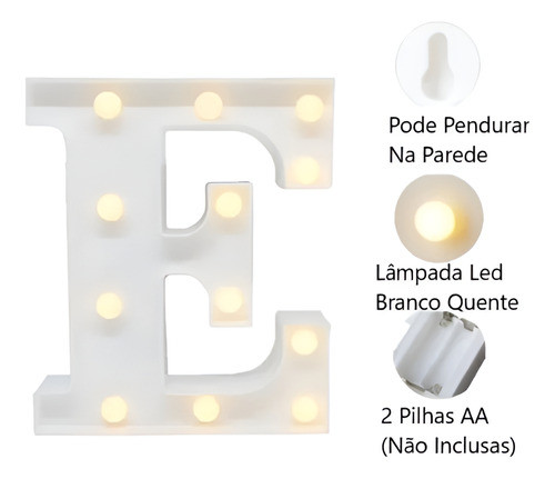 Luminária Decorativa Led 3d Letra E Branca 22cm Decora 1