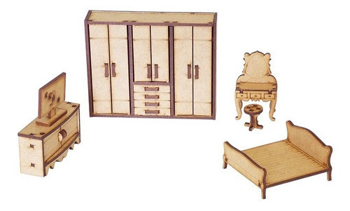 Kit Miniatura Quarto Casal Com 5 Peças Cama Guarda Roupa Mdf 1