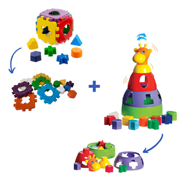 Kit Brinquedo Educativo Didático Cubo + Torre De Montar 1ano 1 Kit Brinquedo Educativo Didático Cubo + Torre De Montar 1ano 1