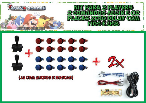 Kit Arcade Duplo Comandos 20 Botões E 2 Placa Zero Delay Pi3 0