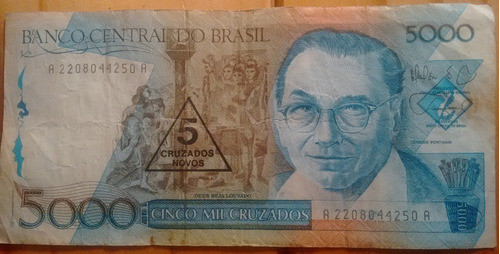 Billete Cinco Mil Cruzados Sello 5 Cruzados Novos - Brasil 0