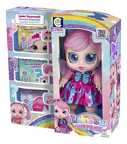 Boneca Rainbow Surprise Cabelo Rosa Mascotinho Cotiplás 0