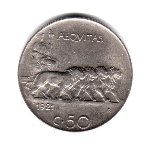 Moneda Italia Reino 50 Centesimi Año 1921 Km#61.1 0