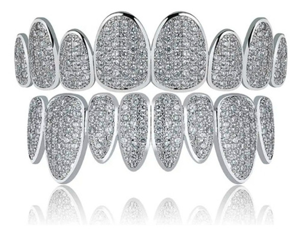 Parrilla Dientes Grillz Plateado Baño Oro Blanco 14kl Diaman 0