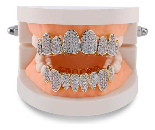 Parrilla Dientes Grillz Plateado Baño Oro Blanco 14kl Diaman 1