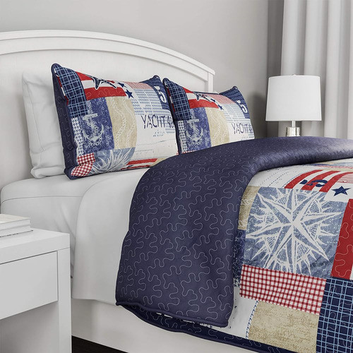 Edredón De 3 Piezas Set Náutica Americana Patchwork Print Al 0