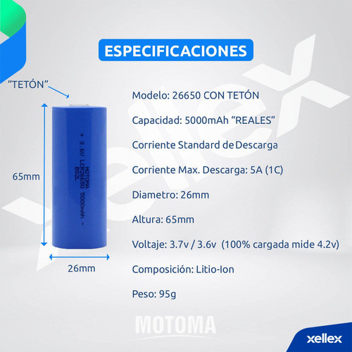 2 X Bateria Pila Recargabl 26650 Motoma 3.7v 5000 Mah Reales 1