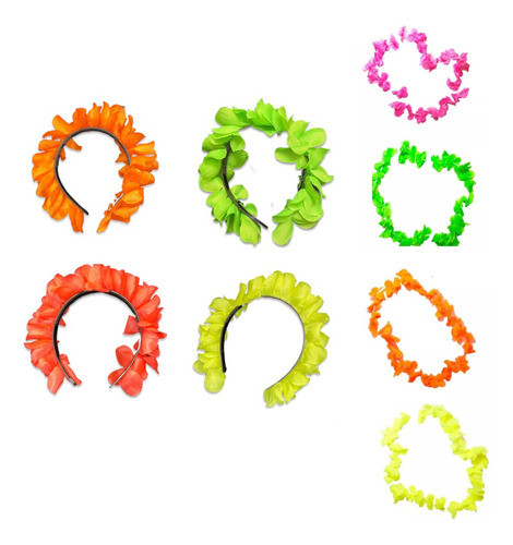 12 Collares Hawaianos De Colores+12 Vinchas Hawaiana Colores 0