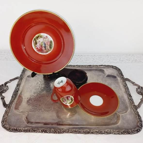 Taza Trio Cafe Porcelana Alemana Antigua Con Damas Mirala 0