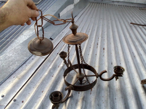 Antigua Arañá De Hierro Y Bronce 3 Luces 50 X 45 X 90 Alto 0