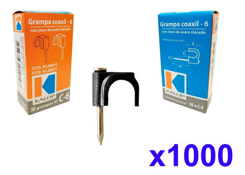 Pack X1000 Grampa Clip Coaxil 6mm Clavo Acero Zincado Kalop 1