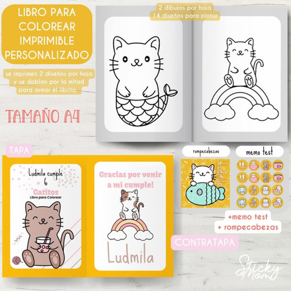Libro Colorear Personalizado Imprimible Gatitos Gatos Cumple 1