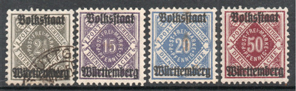 Wurtemberg (alemania) 4 Sellos Uso Oficial Cifras Año 1919 0