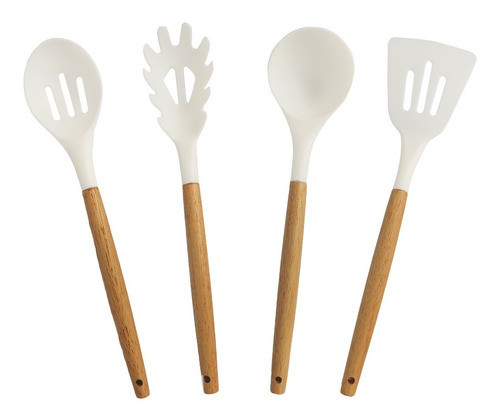 Set X4 Piezas Utensilio Nylon Blanco Mango Madera Cocina Bz3 0