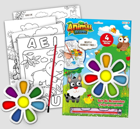 Set De Coloreo Con Pincel Y Acuarelas Kreker Animal Friends 0