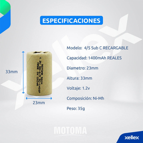 1 X Pila Bateria Recarg. 4/5 Sc Motoma Ni-mh 1400mah Sub C 1