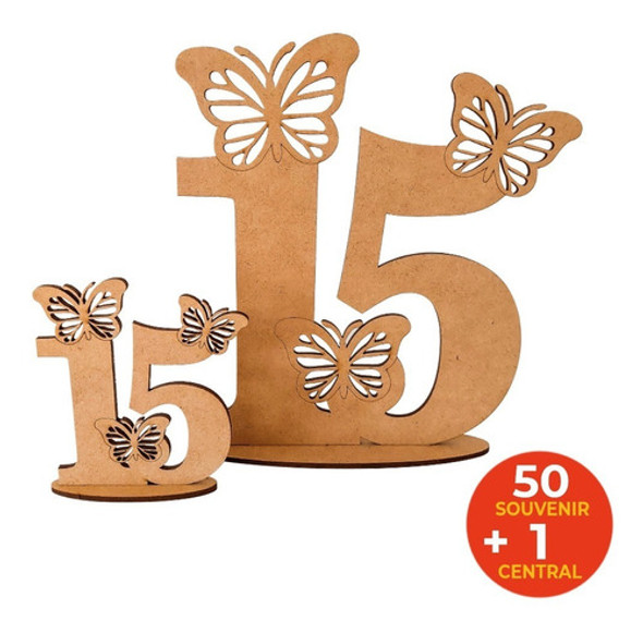 50 Souvenir 10cm Y 1 Central 20cm Número 15 C/ Mariposas Mdf 1