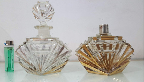 Antiguo Perfumeros Cristal Tallado Oro Set Grande Ver 1