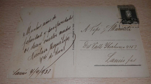 Antigua Postal Romantica Coloreada Familia Mujer Niña Piano 1