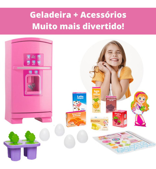 Mini Geladeira Infantil Cozinha Criança Grande Rosa Menina 1