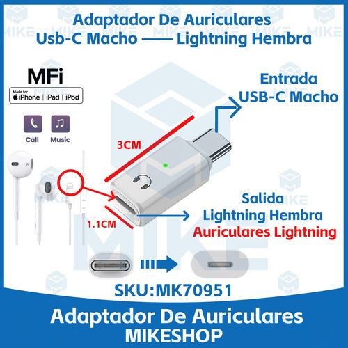Adaptador De Audio Usb C A Lightning Para iPhone 15 Pro Max 1