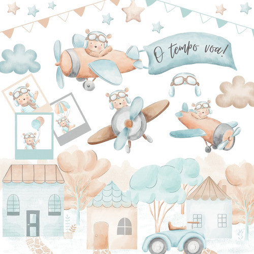 Kit Digital - Urso Aviador Aquarelado - O Tempo Voa 0