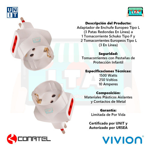 Adaptador Conatel 3 En Línea 1 Toma Schuko 2 Tomas Tres En L 1