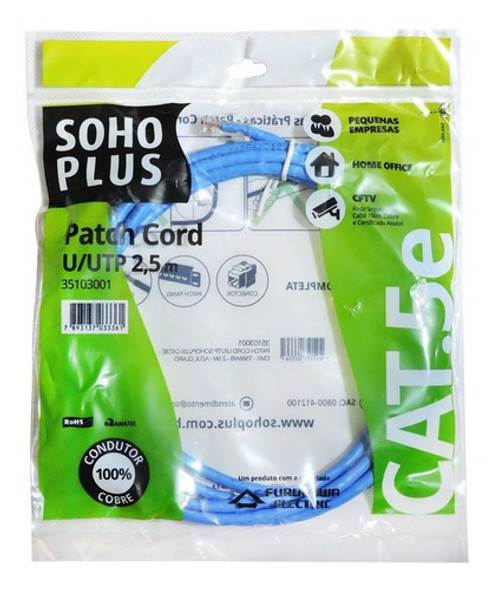20 Pç Patch Cord Cat5e 2,5m Soho Plus Furukawa Cor Azul 0