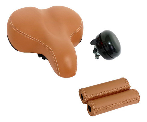 Combo Asiento Eco Cuero + Puños Y Timbre Vintage Bicicleta 0