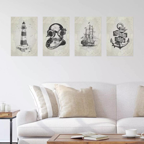 Placas Decorativas Vintage Náutico 30x40cm Kit 4un 1