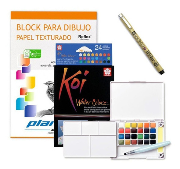Kit Set 24 Acuarelas Metal Sakura Koi Microfibras Micron Blo 0
