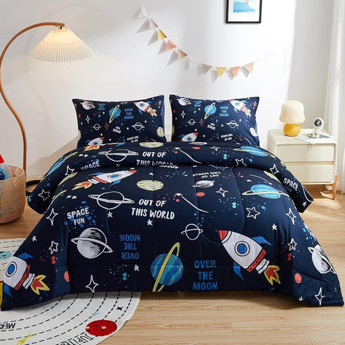 Beeweed 2 Piece Kid Comforter Set Twin Size, Space Rocket Be 0