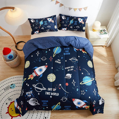 Beeweed 2 Piece Kid Comforter Set Twin Size, Space Rocket Be 1