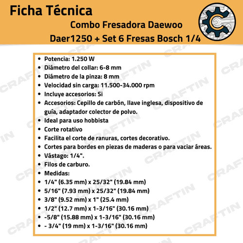 Combo Fresadora Daewoo Daer1250 + Set 6 Fresas Bosch 1/4 1