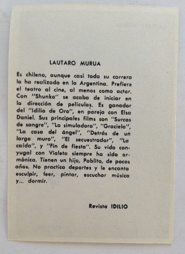 Antigua Figurita Tarjeta Lautaro Murua Revista Idilio 1950 1
