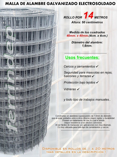 Tejido Metal Malla Electrosoldada 40x40mm Rollo 50cm 14 Mts 1