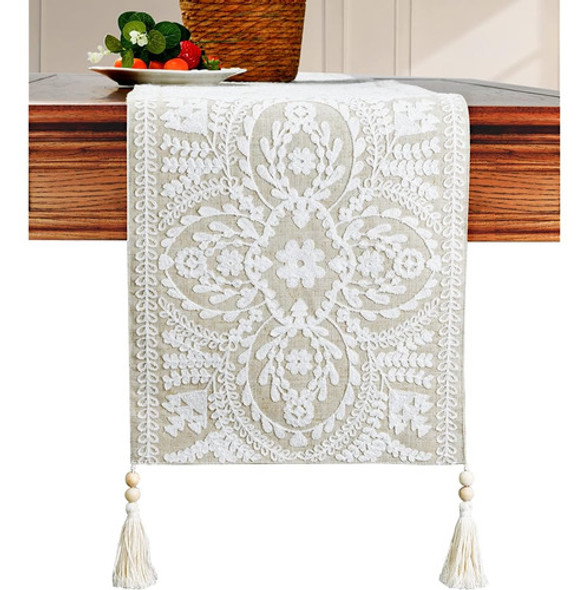Keva Farmhouse Boho Table Runner 72inches Long With Hand-mad 0 Keva Farmhouse Boho Table Runner 72inches Long With Hand-mad 0