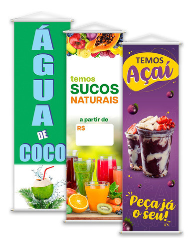 Banners Banca Açaí, Sucos E Água De Coco Lona 100x30cmkit 3 0
