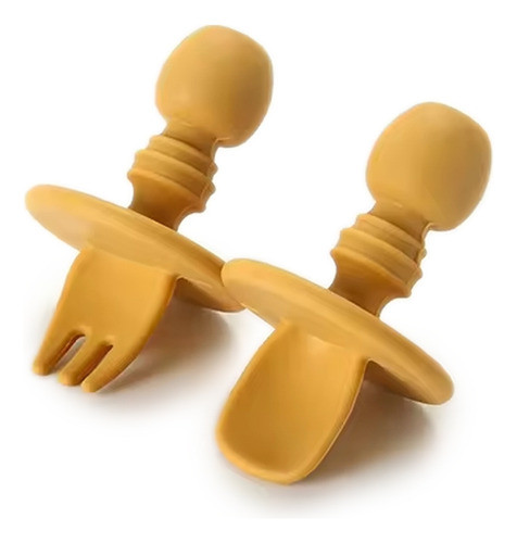 Set Cuchara Tenedor Silicona Mini Bebe Aprendizaje Mostaza 0