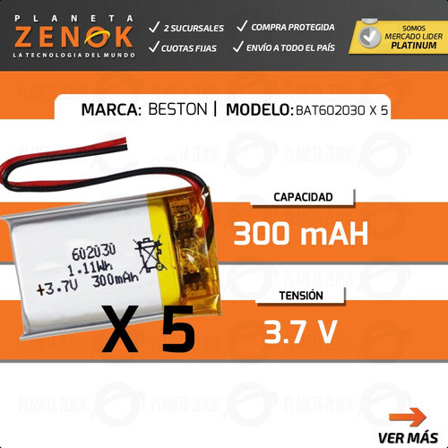 5 Baterias 602030 Beston Litio 3.7v Polímero Li-ion 300mah 1