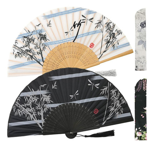 2 Abanicos Chinos Japoneses De Seda De Bambu Blanco Y Negro 0